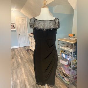 Black Beaded Illusion Neckline Midi Dress
